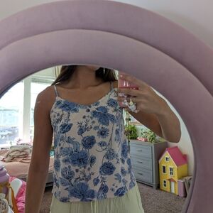 Floral Blue and White Women's Linen Top Size Medium